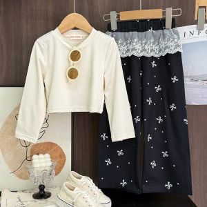 3-7 Years Girls Autumn Plain Long Sleeve O-Neck Top + Bow Print Pants 2 Pcs Set Children Korean Version Fashion Casual Clothing