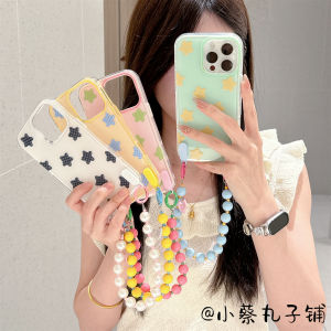 เคสโทรศัพท์แบบมีสายจับลายทางเรียบง่ายสไตล์เกาหลีและญี่ปุ่นสำหรับ Apple 16promax แบบใหม่ iPhone 15 พร้อมสายจับลูกปัด