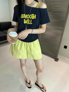 YUEZHONGWEI | Slim Fit Short Sleeve T-Shirt Womens Summer Shoulder Bared Printed American Letter Black Mini Top Korean Style Commute Fashion