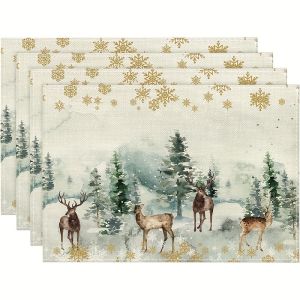 VIKAMA 4-Piece Winter Solstice Snow Scene Deer Forest Placemats Home Banquet Christmas Gathering Winter Table Decor