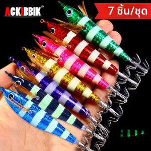 Ackibbik 7pcs แนวนอนปลาหมึก Jigs Jigging เหยื่อตกปลาทะเลประดิษฐ์ปลาหมึกตะขอน้ําเค็มไม้กุ้งล่อ