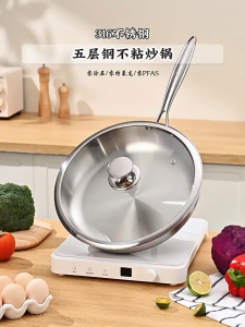 316 Stainless Steel Frying Pan Fast Heating Non Stick Coating Free with Comfort Grip Long Handle for Home Kitchen
