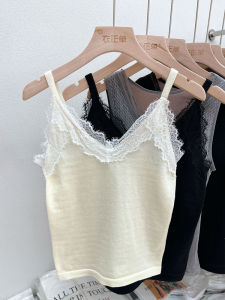 เสื้อกั๊กถักคอวีลูกไม้สีขาวสำหรับผู้หญิง เสื้อชั้นในทรงเข้ารูป เสื้อชั้นในฤดูใบไม้ผลิ 2023 แขนกุด ทรงตรง สไตล์ทำงาน