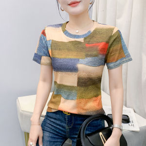 REHIN Summer Colorful Stripe Print Slim Fit Round Neck Short Sleeve T-Shirt Elegant Womens Top (S-3XL)