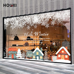Winter Forest Cartoon House Christmas Clothing Store Window Decorations Snowflake Glass Stickers Large Size Home Decorations