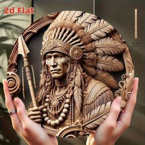 Native American Chief Carving Wall Art - Handmade Wooden Sign with Feather Bead Design 7.75 Inch Round Home Decor