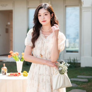 Lagogo 2025 New Romantic Floral High Waist Comfortable Vacation Dress Womens OALL303GA2 Polyester Fiber A-Line Skirt V-Neck Short Sleeve