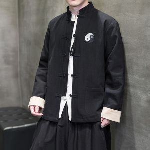 New Chinese Style Mens Tang Suit Jacket Long Sleeve Embroidered Linen Button Hanfu plus Size Cotton Linen Outerwear