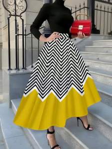 Printed Design all Seasons Black White Zigzag Yellow Border Vacation Style Pencil Skirt