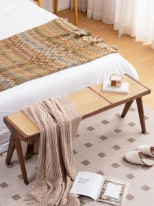 Rattan Woven Bench Vintage Mid-Century Modern Living Room Home Use Long Narrow Footstool Simple Assembly Required