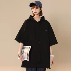 Fat mm 150.00kg Plus Size Stylish Denim Casual Hooded Short Sleeve T-Shirt Womens Summer Loose and Lazy Style BF Easiest for Match Tops