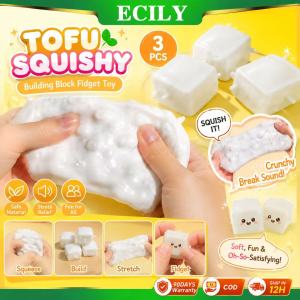 ECILY 3Pcs Crunchy Tofu Stress Ball Fidget Toy – ASMR Sensory Squeeze Ball with Slow-Rising Soft TPR Non-Bounce Building Block Filling Anti-Stress Relief for Office School Home Great Gift for Teens & Adults