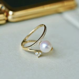 Montagne Jewelry 18k Pure Gold Ring Diamond Inset Fine Jewellery Natural Top Grade 7.5-8mm Akoya Pearl Ring