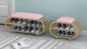 Băng ghế đẩu ngồi chờ kèm giá để giày 2 tầng bọc da nỉ khung kim loại dạng lưới sơn tĩnh điện sang trọng hiện đại