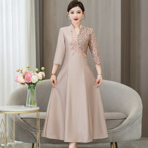 Elegant Chinese Style Maternity Dress Summer New Arrival High End Wedding Dinner Party Gown Zipper Slit Diamond Embellished mid Waist