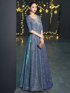 ชุดราตรีสีฟ้ายาว ชุดงานเลี้ยงสุดหรูสำหรับผู้หญิง ชุดการแสดงสด ชุดแต่งงานแบบสั่งทำ ชุดทำงาน สไตล์ไฮเอนด์ เดรสยาว