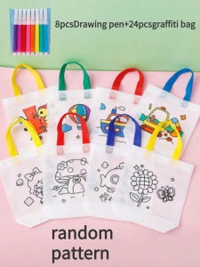 24 Pieces of DIY Painting Graffiti Bags Gift Cartoon Non-Woven Fabric Painting Coloring Handbags
