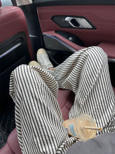 High Waist Striped Wide Leg Pants Womens Thin Autumn Casual Trousers Lazy Stroll Pants Straight Cut Slimming Versatile