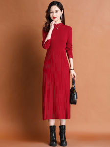 ชุดเดรสยาวแขนยาวสีแดง เสื้อผ้าผู้หญิงฤดูใบไม้ร่วง/ฤดูหนาว กระโปรงนิตติ้ง ชุดชั้นใน เสื้อสเวตเตอร์ ผ้าขนสัตว์