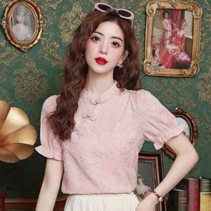 Áo Sơ Mi Voan Cổ Đứng Phong Cách Trung Hoa Áo Sơ Mi Tay Ngắn Mùa Hè 2025 Áo Sơ Mi Nhỏ Mới Áo Sơ Mi Ngắn Tay Thanh Lịch Áo Sơ Mi Dài Thường Ngày