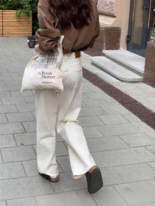NIHAOKANONG | Quần Jeans trắng dáng suông cạp cao