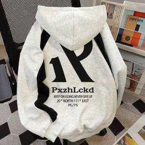 Retro American Letter Print Hoodie Sweatshirt Mens Winter Fleece Loose Casual Couple Simple Outerwear Polyester Cotton Blend