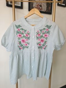 (SG SELLER)POPPY Womens fashion Embroidered Blouses Loose Casual shirt Puff Short Sleeve Stripe Top