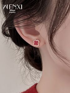 WENXI | Elegant Festive Small Designer Red Rose Gold Clover Earrings