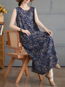 Vintage Floral Cotton Linen Vest Long Dress Womens Summer Loose Slimming outside Wear Travel Ladieswear Sleeveless Linen Dress