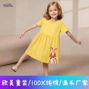 Pure Cotton Princess Dress for Girls Summer Short Sleeve Childrens Dress Cartoon Pattern European Style Clothing for Kids