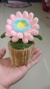 กระถาง เยอบีร่าสีชมพู ดอกไม้กำมะหยี่ ดอกไม้ประดิษฐ์ งานทำมือ