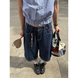 กางเกงยีนส์ขาบานลายทางสไตล์อเมริกันสำหรับผู้ชายและผู้หญิง กางเกงขาสั้นทรงหลวม กางเกงขายาวทรงหลวม ปักลายสีบล็อก กางเกงขายาวทรงหลวม