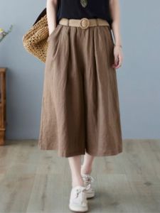 Retro Artistic Cotton Linen Wide Leg Pants Women Loose Casual Versatile Slimming Seven Parts Trousers Commute Style High Waist
