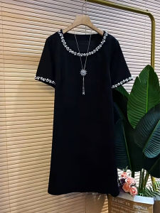 plus Size Womens Black Slimming Loose Midi Dress Korean Style round Neck Short Sleeve Embellished Dress Summer Fashion