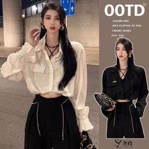 เสื้อเชิ้ตแขนยาวสีดำสั้นผูกโบว์ ดีไซน์เก๋ไก๋ สำหรับผู้หญิง ช่วงต้นฤดูใบไม้ร่วง แฟชั่นสตรี ทรงหลวม ปกโปโล กระดุม