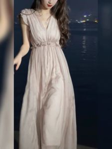 Elegant French Designed Sleeveless Waist Cinched Maxi Dress