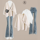 plus Size Womens Autumn Winter Denim Set Pink Sweater Shirt Flared Pants Three Piece Suite Slimming Meat Covering High Waist Jeans