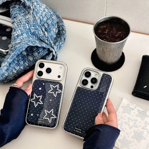 Creativity DIY Stars Rhinestone Sticker Blue Wave Point Drip Glue Silver Border Phone Cover Case for iPhone 17 16 15 14 Pro Max