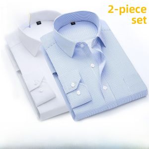 ROMON | Lormen Mens Short Sleeve Shirt Summer Business Casual Striped Long Sleeve Iron Free White Shirt Jacket Slim Fit Fashion Urban Style