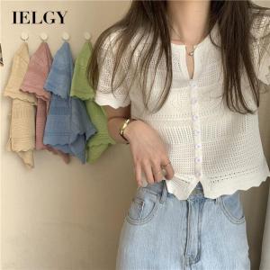 IELGY womens fashion leisure thin hollow knitted short sleeve t-shirt