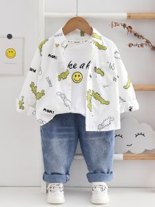 Pure Cotton Long Sleeve Childrens Shirt 2025 Spring Summer Style Cartoon Print Boys Outerwear Baby Jacket Trendy Kids Clothing
