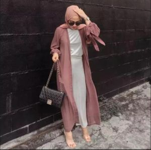 Long Outer Wanita Muslimah Kekinian Ootd Hijab Cardigan Wanita Terbaru Tangan Tali Pita jumbo