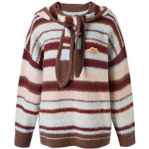SEENFAAN | SEENFAAN Sweet Retro Striped Color Block Knitwear Womens Long Sleeve Detachable Hat Sweater Autumn Winter Street Style Thickened