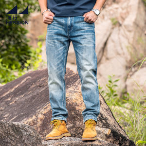 HESSION | Washed Elastic With Whiskers Mens Jeans Straight Fit Blue