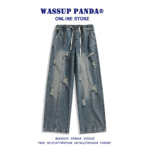 Wassup Panda American Retro High Street Mens Straight Leg Jeans Trendy Loose Fit Casual Long Pants Wear Resistant Cotton Polyester Blend
