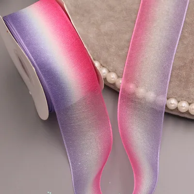 Bicolor Gradient Flower Net Pearl Gauze DIY Hairpin Ribbon 4cm