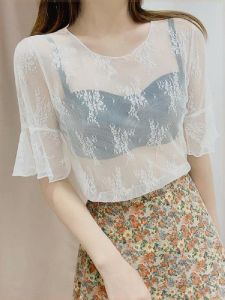 เสื้อชั้นในลูกไม้แขนสั้นสำหรับผู้หญิงในช่วงฤดูร้อน ชุดเดรสสายเดี่ยว เสื้อยืดแขนสั้น เสื้อเชิ้ตโปร่งตาข่าย เสื้อผ้าทำงานแขนยาว