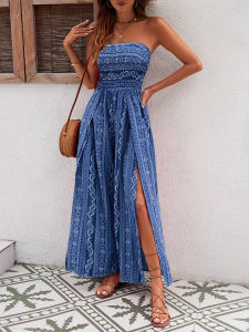 Elegant Wrap around Strapless Jumpsuit High Waist Wide Leg Slit Design Ladies Fashion Commute Style Thin Polyester Fabric