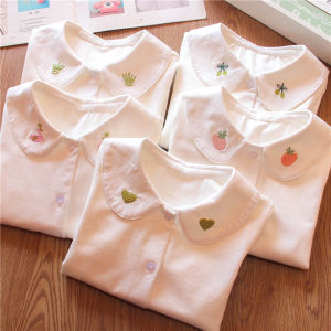 Kids Cotton Base Shirt Japanese Style Doll Collar Embroidered White Shirt Girl Baby Spring and Autumn All-Match Cardigan Top