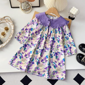 Autumn Girls Fashion Long Sleeve Turn-down Collar Sweet Floral Print A-Line Dress 1 Pc 3-7 Years Kids Loose Casual Clothes